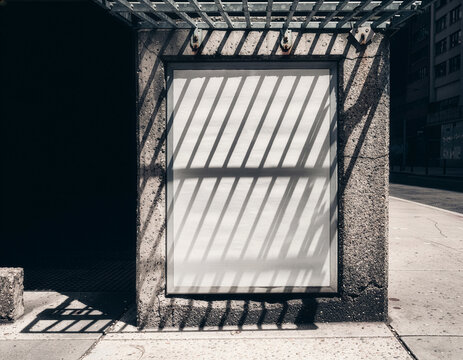 Blank sidewalk billboard mockup template with strong linear shadows