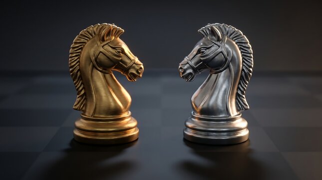 Gold and silver chess knight pieces facing each other on a dark board