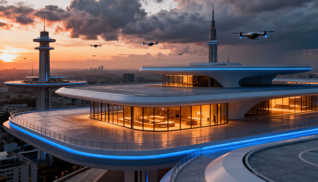 Futuristic city skyline highlighting aerial platforms and fastmoving transportation networks
