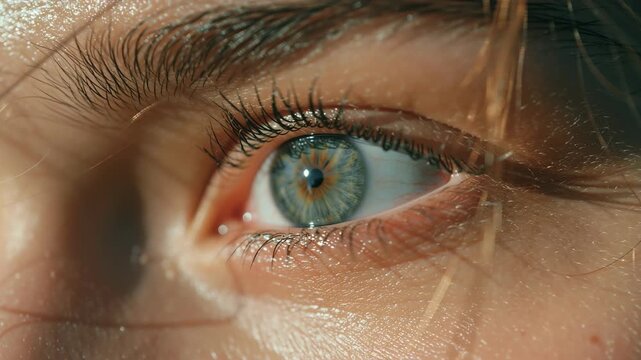 Close-up of a human eye showcasing detailed green and brown iris patterns with long eyelashes under natural lighting.