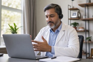 Obraz premium Senior professional doctor engaged in telemedicine consultation using laptop with headset in bright modern home office