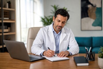 Fototapeta premium Professional doctor in white lab coat writing medical notes on clipboard beside laptop in bright modern office with natural light