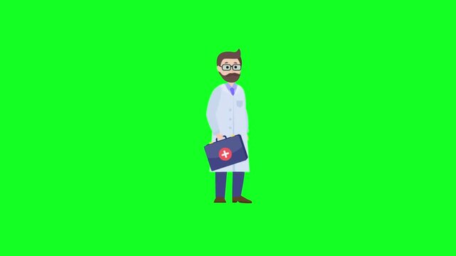 Animated Male Doctor Holding First Aid Kit Bag on Green Screen Background for Emergency Care