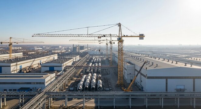 Expansive industrial facility with multiple tall cranes actively involved in construction and manufacturing operations