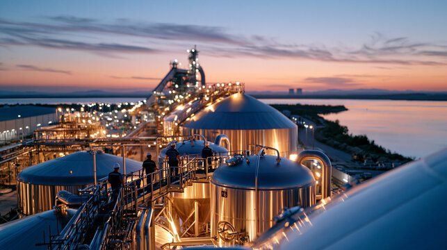 An aerial view of a brewery operation at twilight, wide establishing shot of fermentation tanks lit from within glowing against the blue-hour sky, workers in hard hats moving across catwalks between