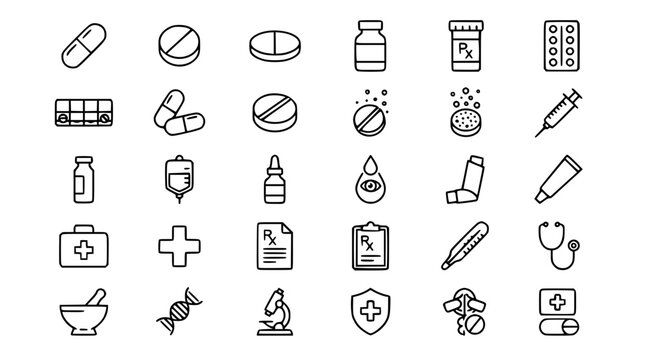 Medical Healthcare and Pharmacy Medication Line Icon Set Featuring Pills Capsules Drug Bottles Effervescent Tablets Inhalers Stethoscopes and Laboratory Equipment Symbols