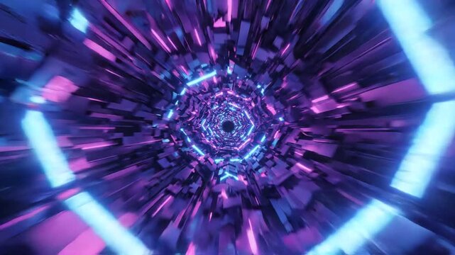 Futuristic Neon Hexagonal Tunnel Moving Through Abstract Cyberspace