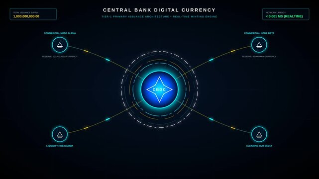 Digital Central Bank Currency Network Architecture Visualization with Connected Node Systems