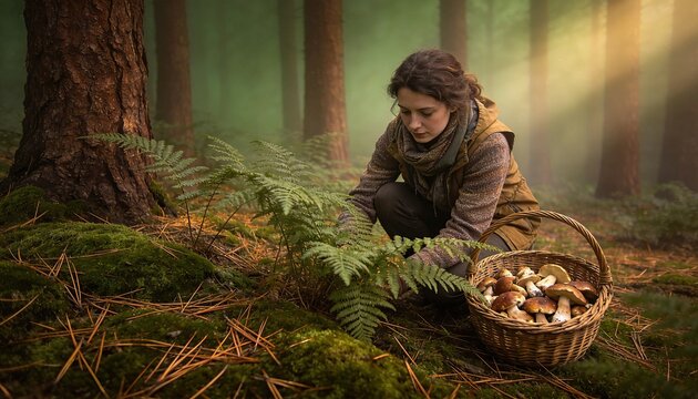 Forager kneeling to gather wild mushrooms into a wicker basket on a misty mossy forest floor at dawn
