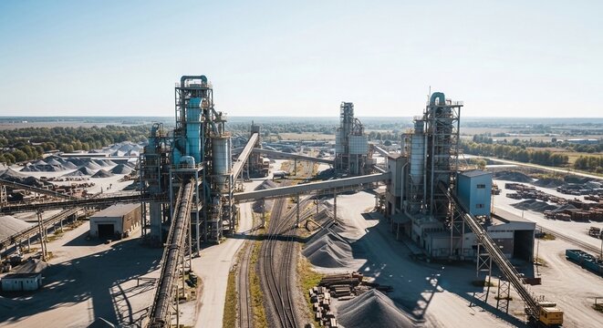 Expansive industrial manufacturing plant complex with towering structures and vast material piles under a clear sky