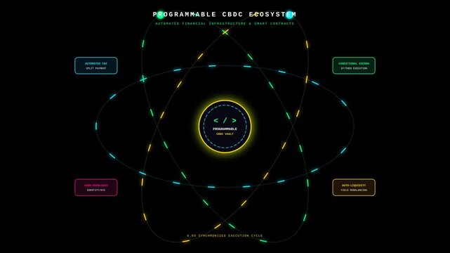 Programmable Central Bank Digital Currency Ecosystem Infographic with Futuristic Motion Graphics