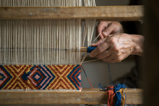 Close up of hands weaving a colorful geometric pattern on a traditional wooden loom with various spools of thread visible in the foreground