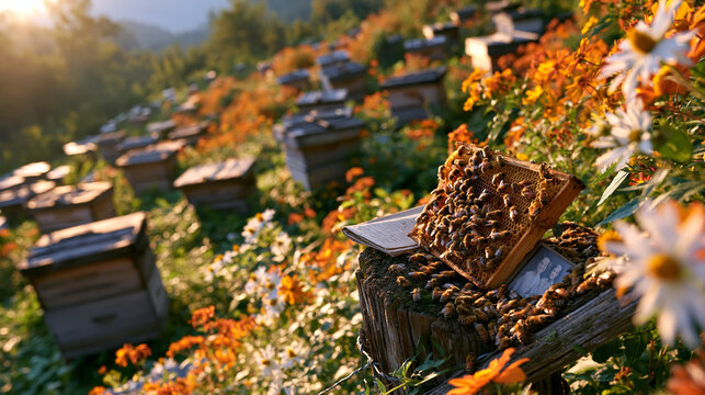 Rows of wooden beehive boxes across a misty quiet rural hillside at dawn, a symbolic arrangement of a single open frame honeycomb resting beside a folded document and small family portrait on a weat