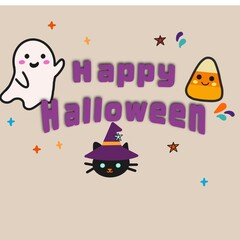 Fototapeta premium Cute Ghost And Witch Cat Halloween Greeting