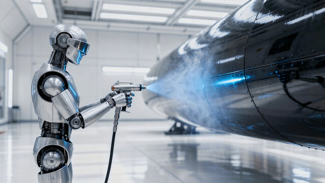 Humanoid robot using a spray gun on a large aircraft fuselage in a factory. Advanced AI android performing high-precision painting. Automation concept for aerospace and industry 4.0 marketing.