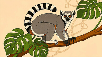 Naklejka premium Ring-tailed lemur perched on a jungle tree branch. Cartoon illustration featuring tropical monstera leaves and a clean background. Exotic wildlife concept, ideal for nature conservation designs.