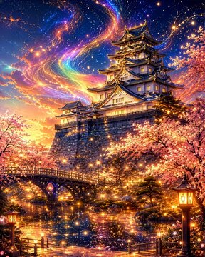 Fantasy Japanese Castle with Cherry Blossoms and Colorful Starry Sky at Night