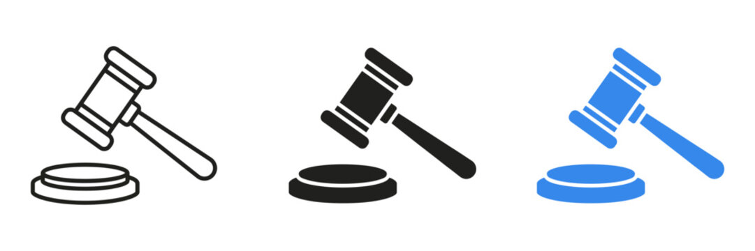 Judge gavel icon set, legal hammer vector symbols for law and justice, black and blue auction mallet graphics
