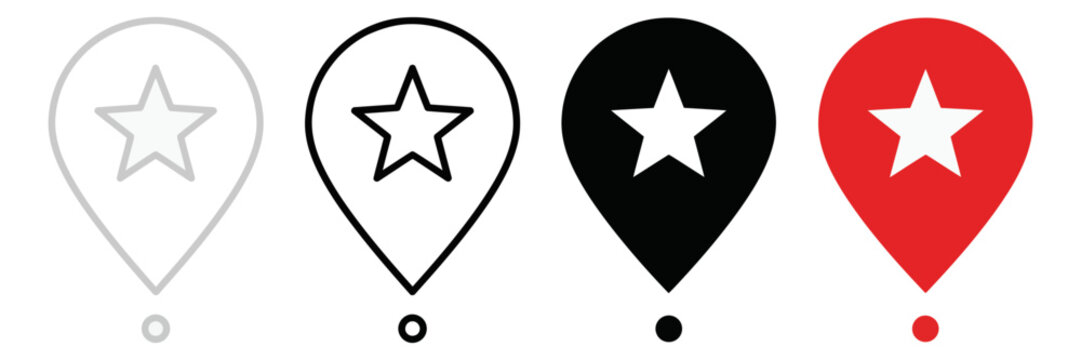 Minimalist map pin icons with star symbol, location pointer set in black and red, navigation marker vector graphics for apps