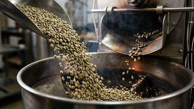 Raw green coffee beans being poured into roasting machine
