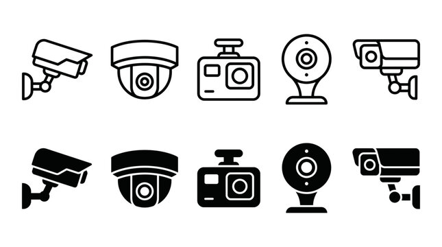 Security camera icon set, 10 surveillance CCTV vector elements. Digital monitoring and protection symbols for safety and privacy.
