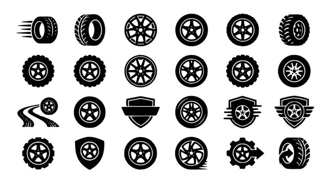 Automotive Car Tire and Wheel Alloy Rim Icon Collection Featuring Garage Service Retreading Sports Racing Tracks and Vintage Shield Badges for Mechanic Branding Layouts