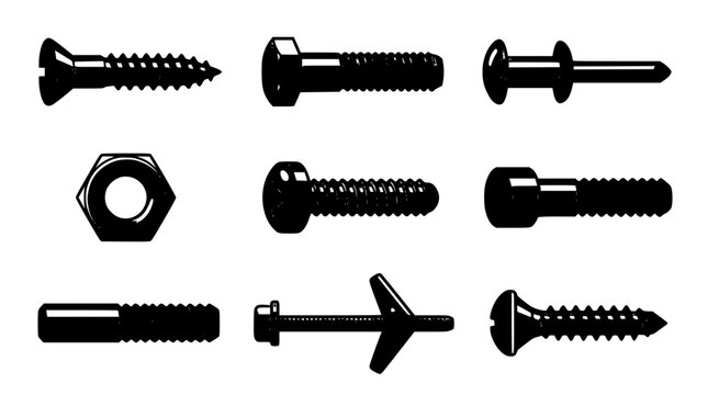 Industrial Hardware Fasteners Silhouette Collection Featuring Wood Screws Hex Bolts Nuts Rivets Anchor Pins and Heavy Duty Construction Fixing Tools Vector Illustration Set