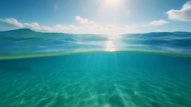 Beautiful tropical sea surface transitioning to underwater depths with glowing sunbeams and crystal clear water.