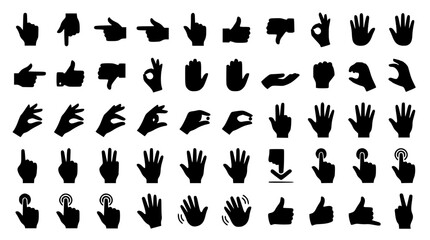 Obraz premium Hand Gesture Silhouette Icon Collection Featuring Sign Language Communication Counting Numbers Pointing Clicks Touch Screen Interactions and Nonverbal Signals for Mobile App Interfaces