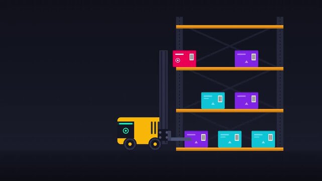 Automated warehouse forklift moving boxes on shelves, flat animation for logistics and supply chain management