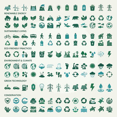Fototapeta premium Eco Icons Collection: A comprehensive set of diverse icons representing renewable energy, sustainable living, eco-friendly practices, environment and climate, green technology.