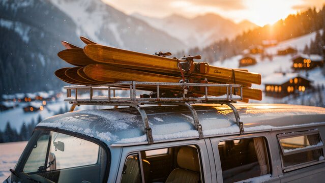 Vintage van with wooden skis on roof rack in snowy mountains. Retro vehicle parked near alpine village during sunset. Winter vacation concept for ski resort promotion and seasonal travel marketing.