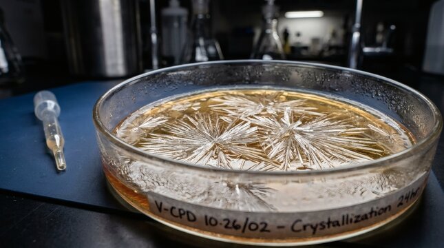 Crystallization process in a laboratory petri dish with a dropper nearby