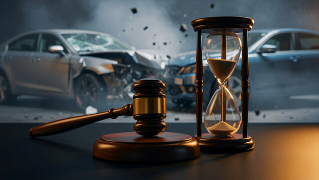 Wooden gavel and hourglass in front of a blurred car accident scene. Symbols of justice and time represent legal deadlines for vehicle claims. Concept for injury law and insurance settlement.