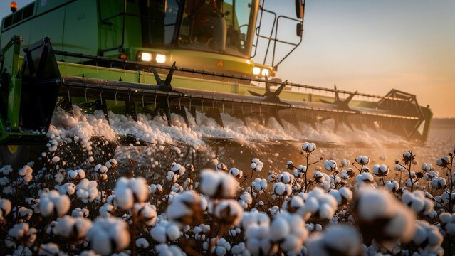 Large cotton harvester operating in a vast field during sunset. Agricultural machinery collecting ripe cotton bolls under golden light. Modern farming technology and agribusiness concept.