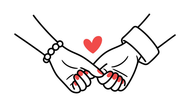 Two hands holding each other with love symbolized by a red heart between them showing unity trust friendship and care in relationships