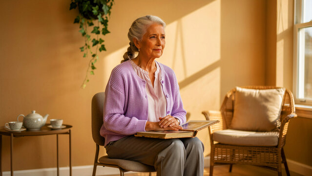 Senior woman sits with photo album in sunlit home. Elderly lady reminisces about past memories. Nostalgia concept for senior living and healthcare marketing.