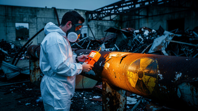 Man in hazmat suit using Geiger counter on radioactive pipe. Specialist checking radiation levels in industrial ruins. Nuclear disaster and hazmat safety concept for environmental risk marketing.