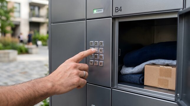 Hand Entering Code on Smart Parcel Locker Keypad to Retrieve Package