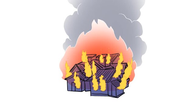 Looping video animation of houses burning in a massive residential fire with rising heavy smoke
