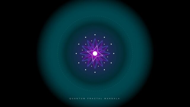 Quantum Fractal Mandala Animation with Pulsing Neon Glowing Light Elements on Dark Background