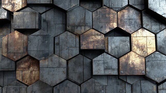 Abstract 3D industrial metal hexagon wall background with rusty texture and mechanical relief