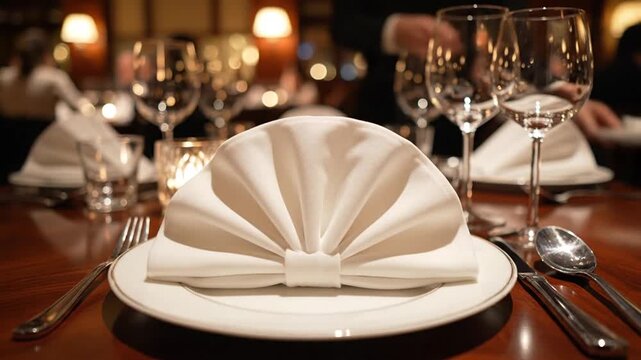 Elegant table setting with a folded napkin on a plate in a fine dining restaurant.