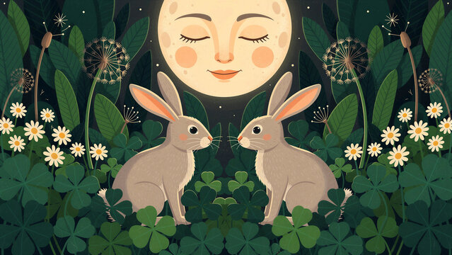 Two rabbits sitting in a moonlit garden under a smiling full moon face. Whimsical illustration with wildflowers and clovers in a night setting. Magical folk art concept for children's media.