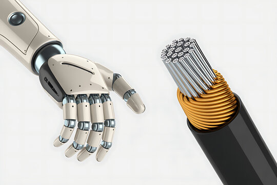 Robot hand reaching for an electrical cable connection illustration