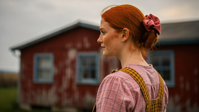 Young woman with red hair and freckles standing before a rustic barn. Female farmer in plaid overalls looking at rural landscape. Country life concept for lifestyle and fashion marketing.