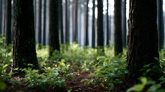 Sunlight filters through tall pine trees casting soft light on lush green undergrowth and mossy trunks in a serene forest