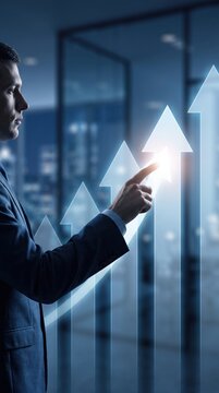 Business development to success and growing growth concept. Businessman pointing arrow graph corporate future growth plan and increase percentage