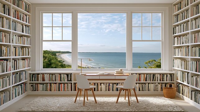 Cozy bright reading nook with ocean view window and wooden chair setup