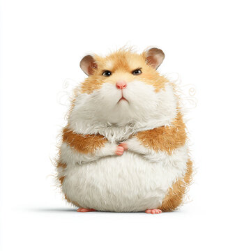 Cute fluffy hamster appears displeased while standing on a white background